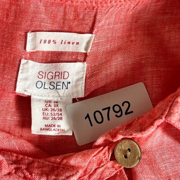 Sigrid Olsen Linen Tunic Shirt Women's 3X Deep Coral Roll-Tab Sleeves Lagenlook - Picture 9 of 10